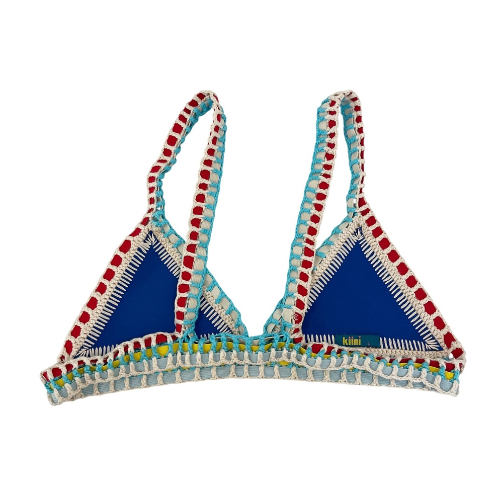 Kiini Tasmin Crochet Trim Triangle Bikini Top Cobalt Blue Multi Color Womens L - Picture 2 of 4